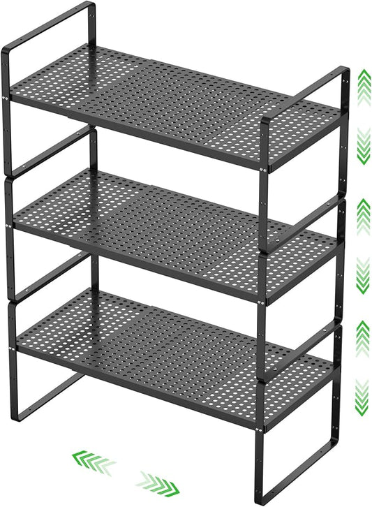 Expandable Cabinet Storage Shelf Stackable Organizer Rack for Kitchen Bathroom Pantry Spice Cupboard Coffee Countertop Home Office Desk Heavy Duty Nonslip Black Large 3 Packs-NeatNest