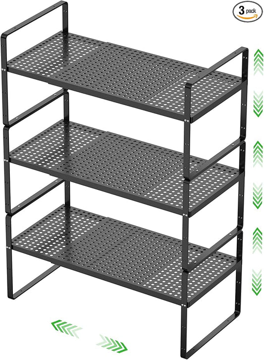 Expandable Cabinet Storage Shelf Stackable Organizer Rack for Kitchen Bathroom Pantry Spice Cupboard Coffee Countertop Home Office Desk Heavy Duty Nonslip Black Small 3 Packs-NeatNest