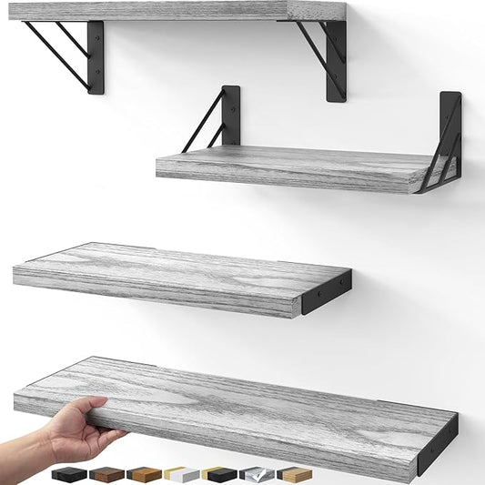 BAYKA Wall Shelves for Bedroom Decor, Floating Wall Shelves for Living Room Kitchen Storage, Wall Mounted Rustic Wood Floating Shelves for Kids Books, Corner Shelf for Bathroom(Gray White，Set of 4)-NeatNest