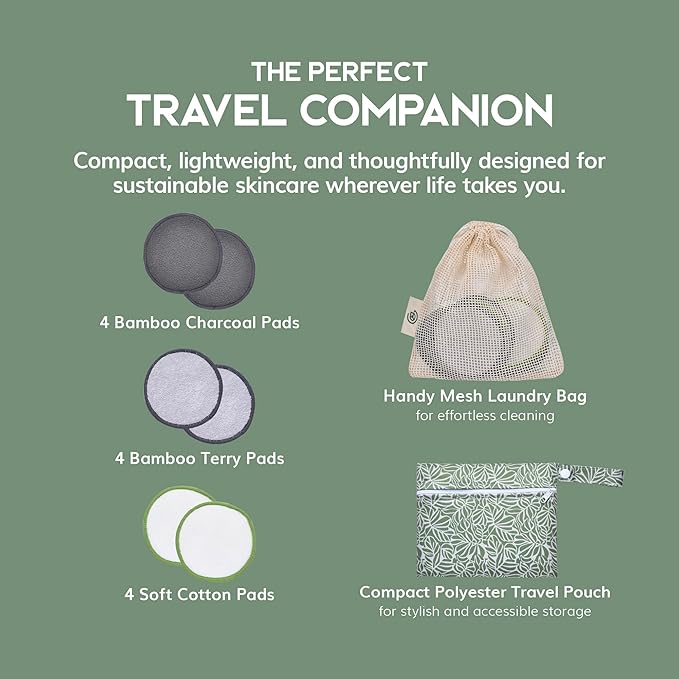 Greenzla Reusable Makeup Remover Pads Travel Set - 12 Pack Microfiber Cotton Pads, Dark Charcoal Cotton Rounds, and Bamboo Terry Face Wipes for All Skin Types with Mesh Laundry Bag and Travel Pouch-NeatNest