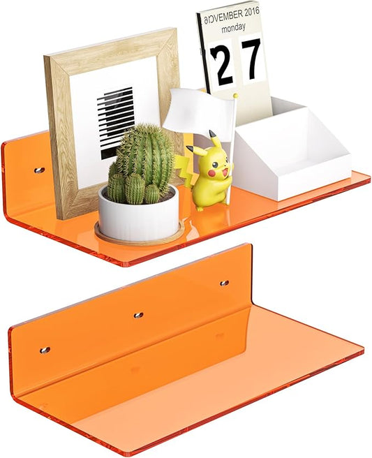 12 Inches Small Orange Wall Shelves Set of 2, Acrylic Floating Shelf for Bedroom, Living Room, Funko Pop Shelves, Smart Speaker, 2 Pack-NeatNest