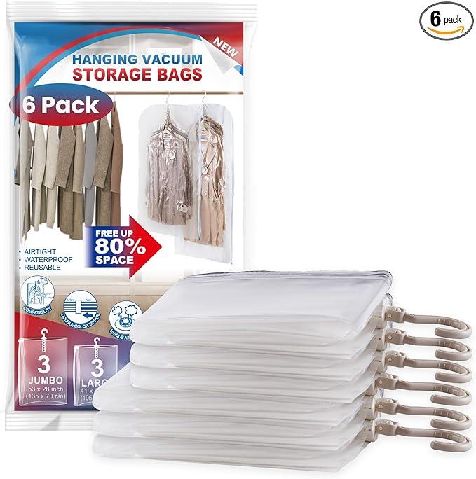 Hanging Vacuum Storage Bags, 6 Pack Large Hanging Space Saver Bags, Vacuum Sealed for Clothes Suits Dress Jackets for Moving Supplies(3 Long, 3 Short)-NeatNest