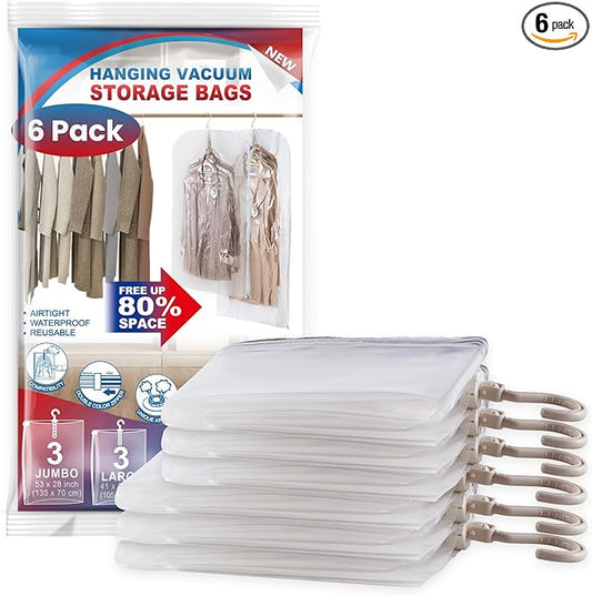 Hanging Vacuum Storage Bags, 6 Pack Large Hanging Space Saver Bags, Vacuum Sealed for Clothes Suits Dress Jackets for Moving Supplies(3 Long, 3 Short)-NeatNest