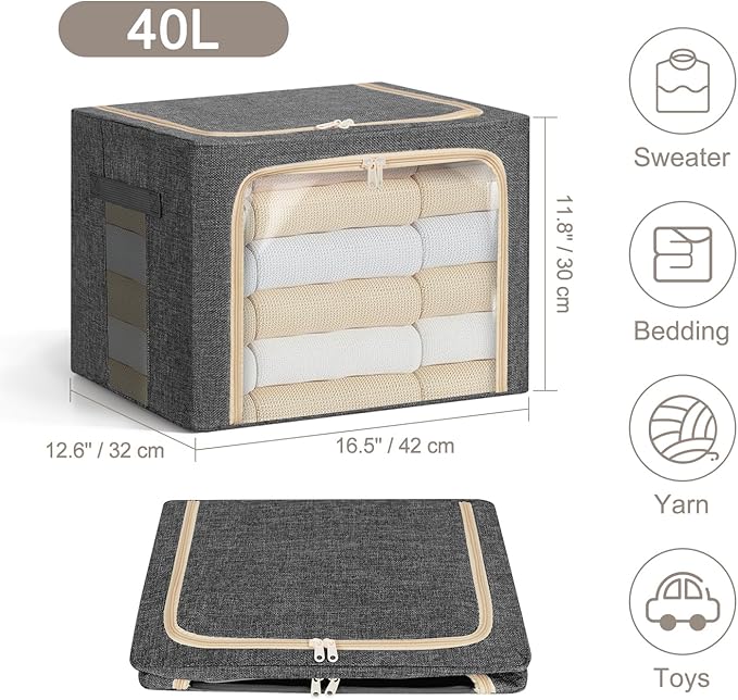 6-Pack Clothes Storage Bags, Foldable Storage Bins with Metal Frame, Clear Window, Reinforced Handles, Durable Non-Woven Fabric for Clothes, Bedding, Blankets, 40L, Dark Gray-NeatNest
