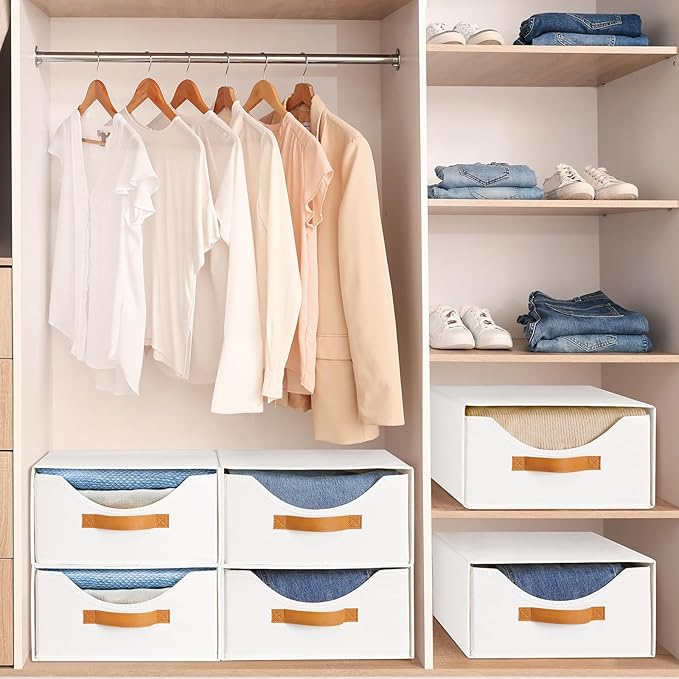 4 Pcs Closet Drawers and Large Size Clothes Storage Bins Push-Out Storage Stackable Shelf Drawers with See-Through Window Closet Organizers for Bedroom, Living Room, Under Bed, White-NeatNest