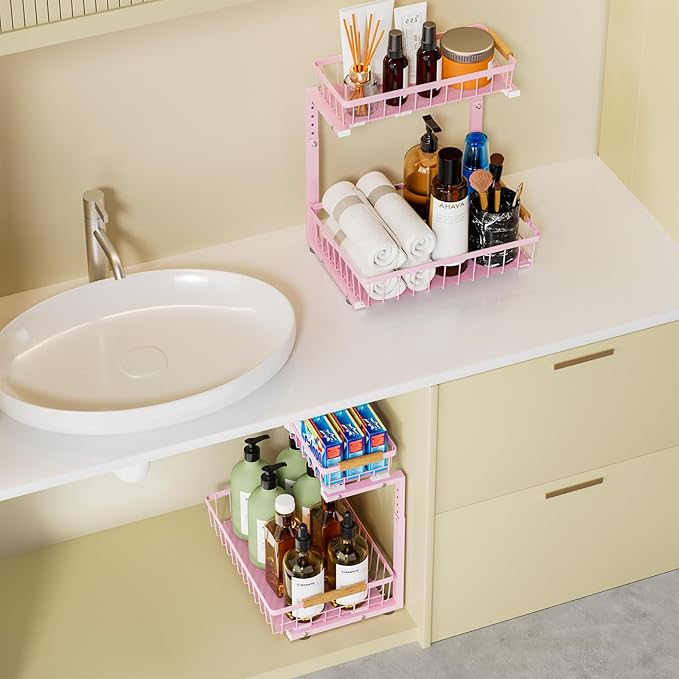 Under Sink Organizers, 2 Pack Kitchen Bathroom cabinet organizer, 2 Tier under bathroom kitchen sink organizer, Height Adjustable Bathroom Organizers and Storage, Pink-NeatNest