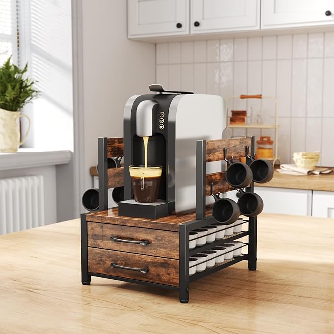 K Cup Holder Drawer - K Cup Storage Organizer, Coffee Pod Drawer with Hooks, Durable Iron-Wood Design, Space-Saving Coffee Station Organizer for Kitchen Counter-NeatNest