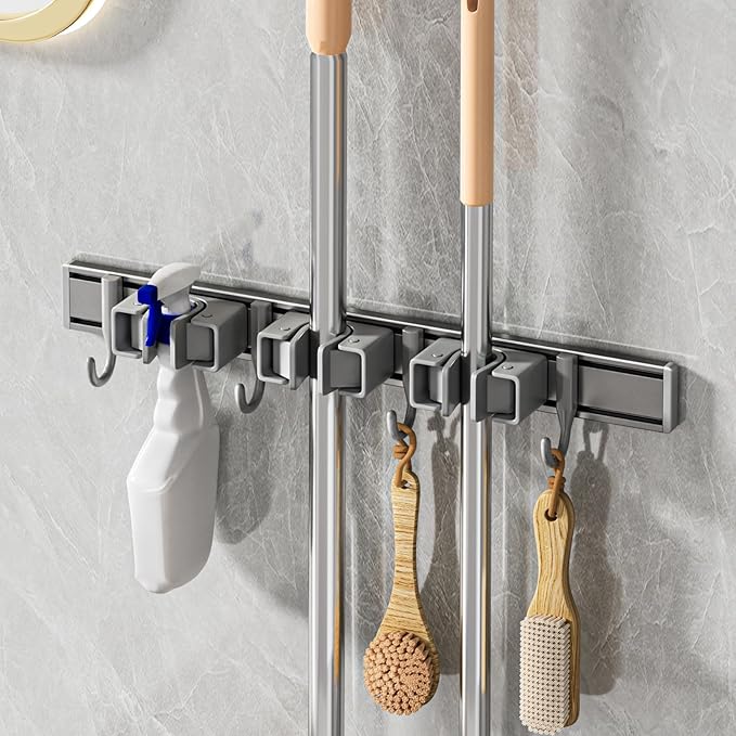 Broom Holder Wall Mount Movable Hooks and Clips Mop and Broom Hanger Wall Mounted Aluminum Garage Tool Organizer Storage adhesive (40cm, Grey)-NeatNest