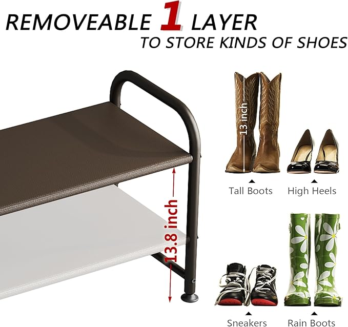 Shoe Rack 2 Tier Long Storage Organizer Wide Metal Shoe Shelf for Closet Entryway Brown-NeatNest
