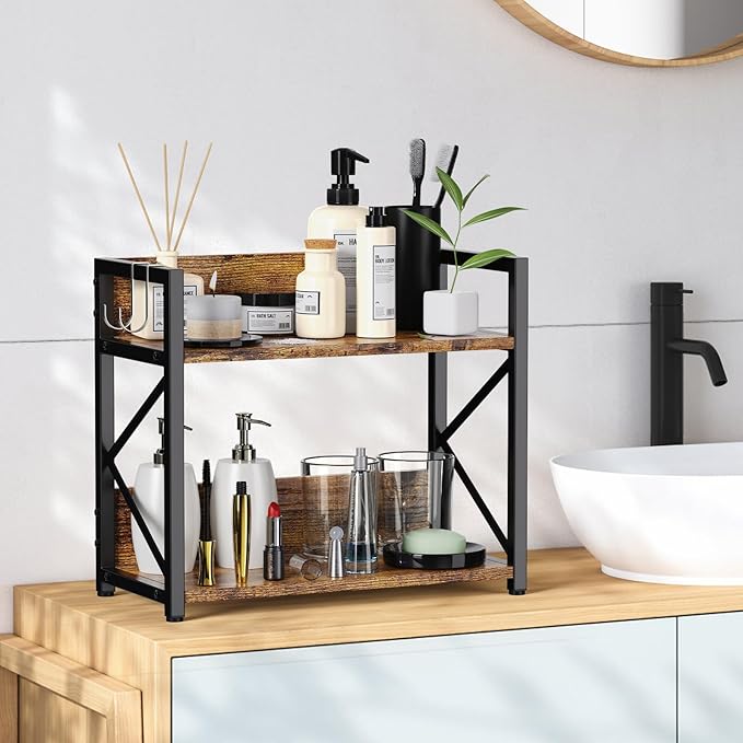 2 Tier Kitchen Counter Shelf Organizer, Coffee Bar Station Organizer for Countertop，Space Saving Spice Rack, Desk Shelf Riser, Coffee Bar Accessories(Rustic Brown, Medium)