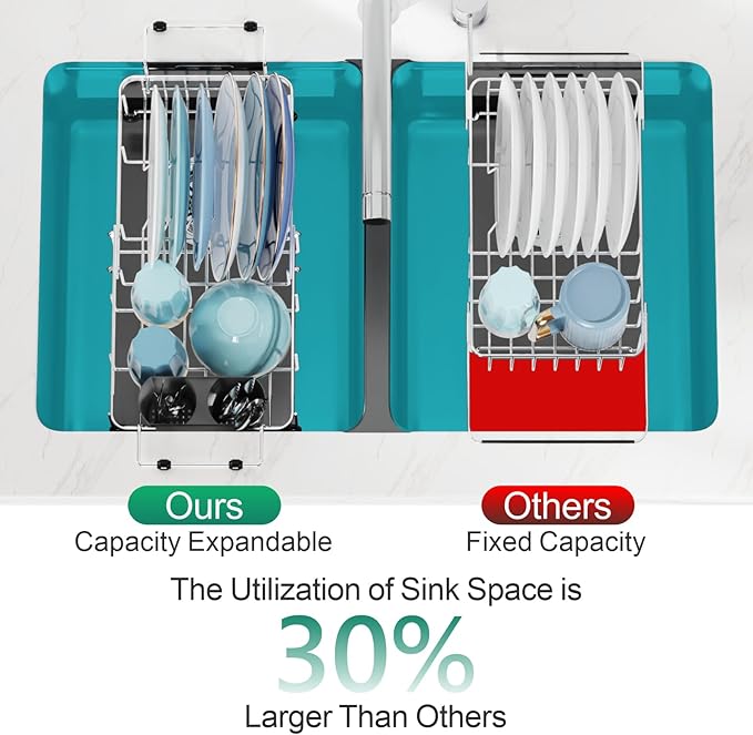 GSlife Small in Sink Dish Drying Rack - Stainless Steel Capacity Expandable Dish Drainer with Utensil Holder for Counter or Inside Sink, Silver