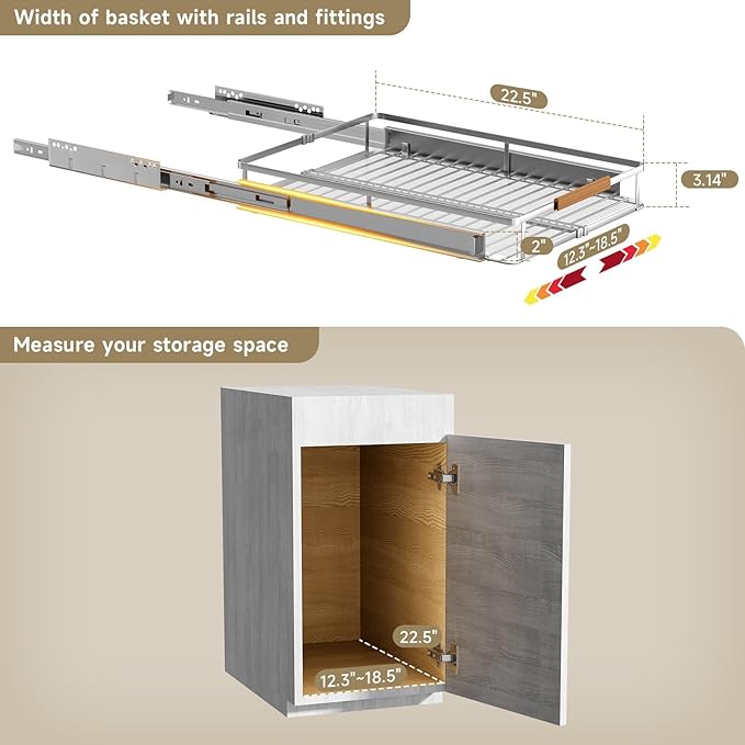 1 Pack Expandable Pull Out Cabinet Organizer，Side Mounting 12.3~18.5"x22.5"Cabinet Pull Out Shelves, Expandable Slide Out Spice Rack for Kitchen Bathroom Office-NeatNest