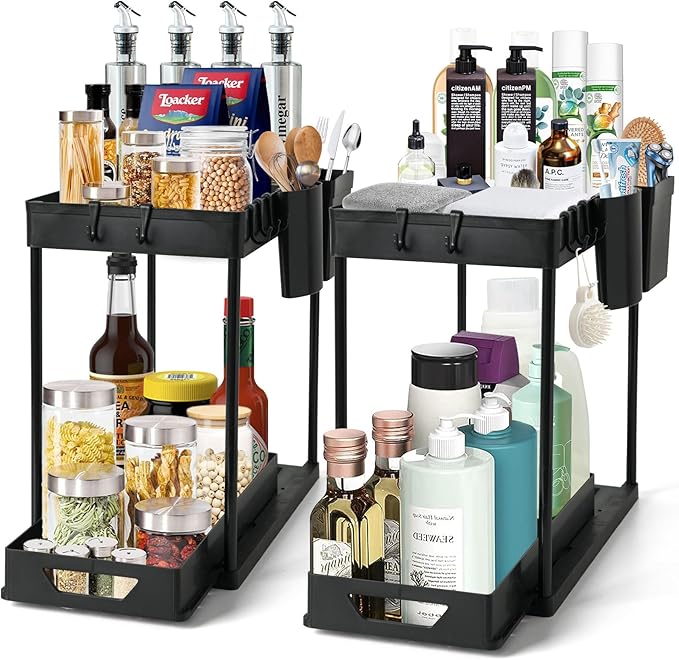 Under Sink Organizers Rack, 2 Tier Under Kitchen Organizer with Sliding Basket and Hooks, Multi-Purpose Bathroom Cabinet Organizers (Black)-NeatNest