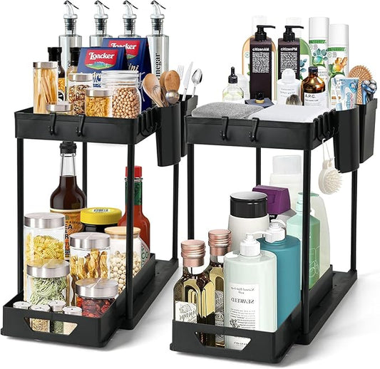 Under Sink Organizers Rack, 2 Tier Under Kitchen Organizer with Sliding Basket and Hooks, Multi-Purpose Bathroom Cabinet Organizers (Black)-NeatNest