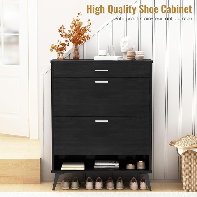 AWQM Shoe Storage Cabinet for Entryway, Free Standing Shoe Organizer with 2 Flip Drawers,Hidden Shoe Rack Storage Organizer for Doorway Hallway (Black)-NeatNest