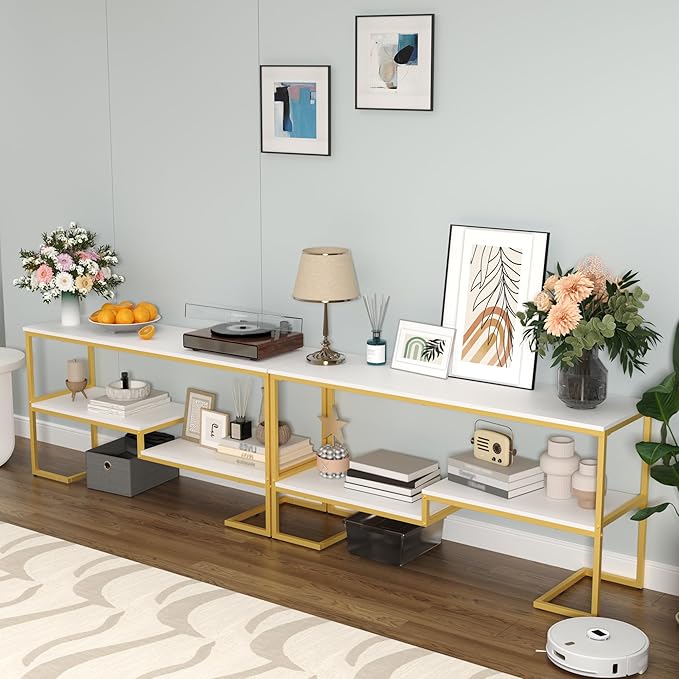 Console Table, 3-Tier Industrial Entryway Table, 53”L Entrance Sofa Table with Shelves, Hallway, Living Room, Foyer, Corridor, Office, White and Gold-NeatNest