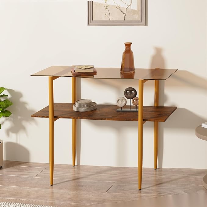 Glass Sofa Table, Mid-Century Modern Entryway Table with Tempered Glass & Golden Legs, 2-Tier Behind Couch Table for Living Room Hallway Entrance, Brown-NeatNest
