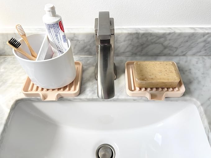 Happitasa Silicone Soap Dish Tray and Sponge Holder with Drain Chute, Pack of 2 | Bathroom and Kitchen Sink Organizer Caddy (Pistachio, 5.2"x4", 7.2 Ounces)-NeatNest