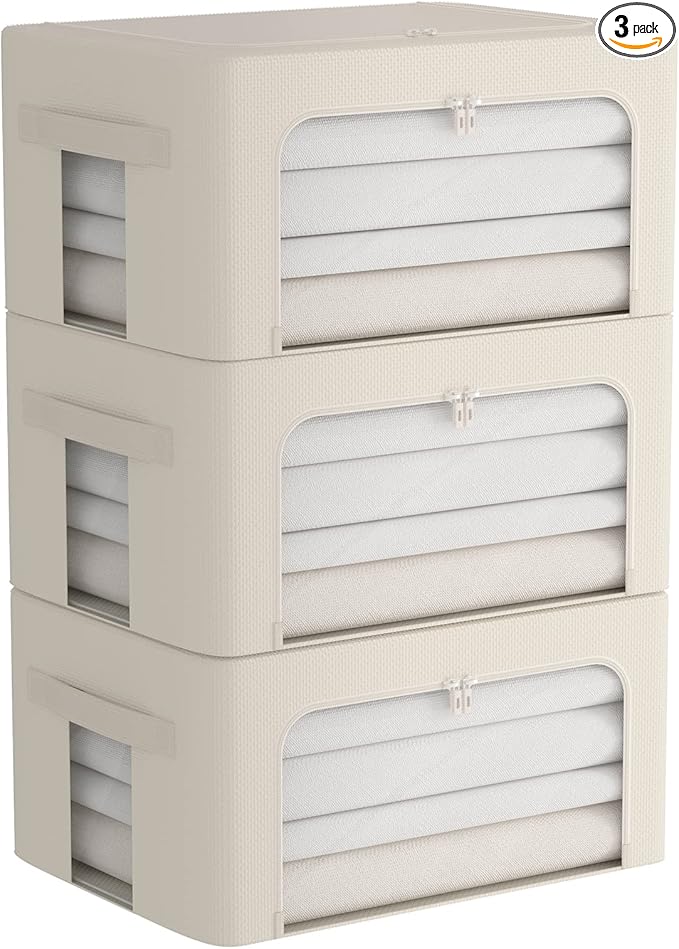 3Pack Frame Storage Box - Clothes Storage Bin Bags Oxford Fabric Foldable Stackable Container Organizer Set with Clear Window & Carry Handles (Beige, Medium-44L)-NeatNest