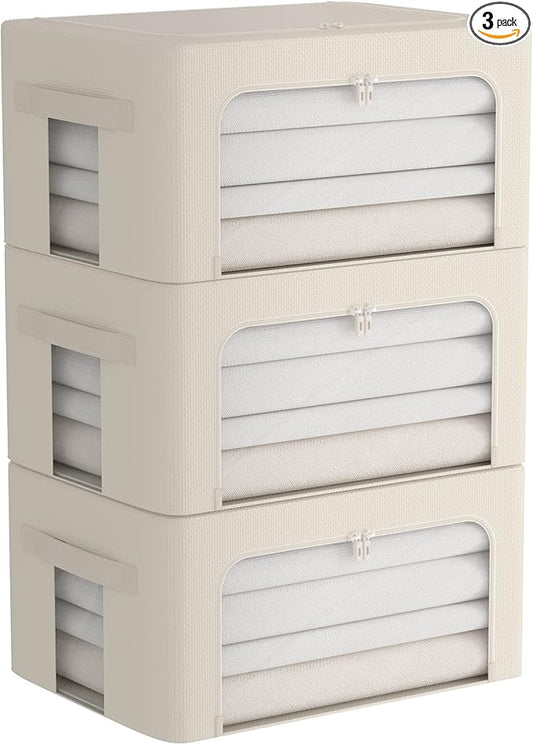 3Pack Frame Storage Box - Clothes Storage Bin Bags Oxford Fabric Foldable Stackable Container Organizer Set with Clear Window & Carry Handles (Beige, Medium-44L)-NeatNest