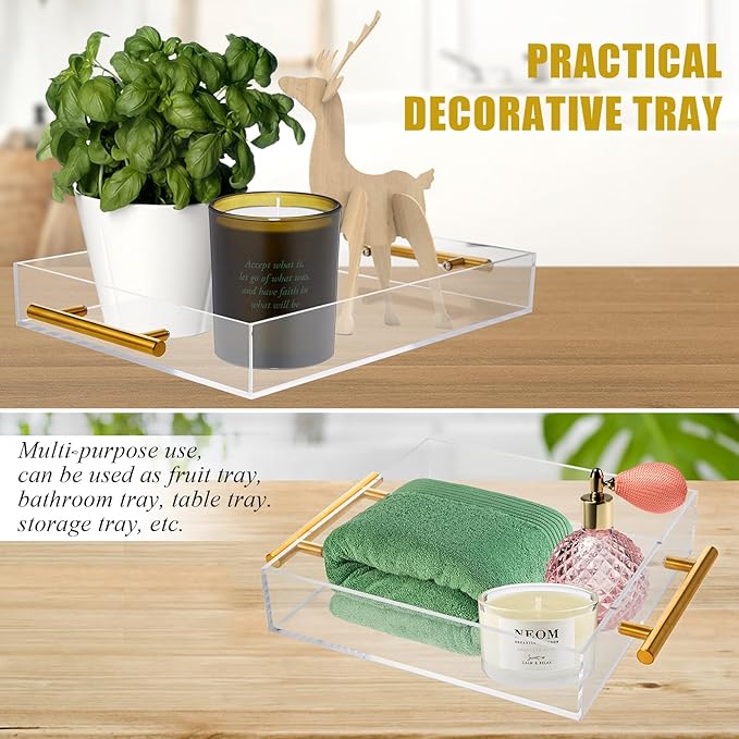 3 Pack Clear Acrylic Serving Tray with Gold Handles Serving Tray Spill Proof Acrylic Bathroom Decorative Tray Organizer for Coffee Table Countertop Appetizer Breakfast Vanity