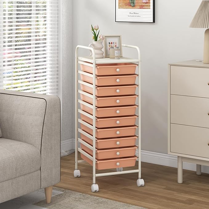 COSTWAY 10-Drawer Rolling Storage Cart, Utility Mobile Trolley with Removable Drawers & Universal Casters & 2 Brakes, Versatile Flexible Drawer Organizer Cart for Home, Office, Peach-NeatNest