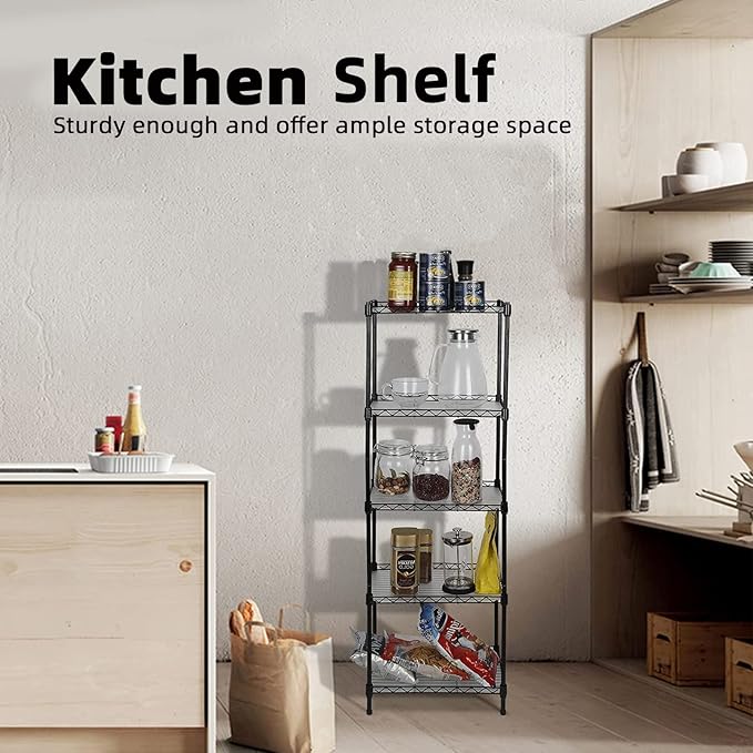 5-Tier Wire Shelving, 11.8x15.7x63in, Black - Heavy Duty Shelf - Kitchen Storage Shelves