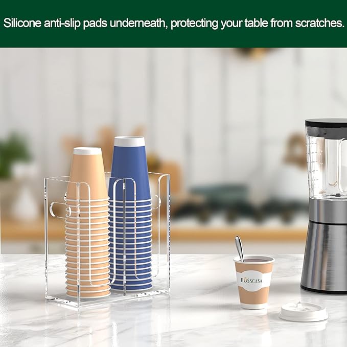 Disposable Coffee Cup Dispenser with Handles, Countertop or Wall Mount Hot/Cold Drink Cup and Lid Holder - Bathroom/Kitchen/Office Acrylic Cup Lid Storage Organizer (2 Compartments, Clear)-NeatNest
