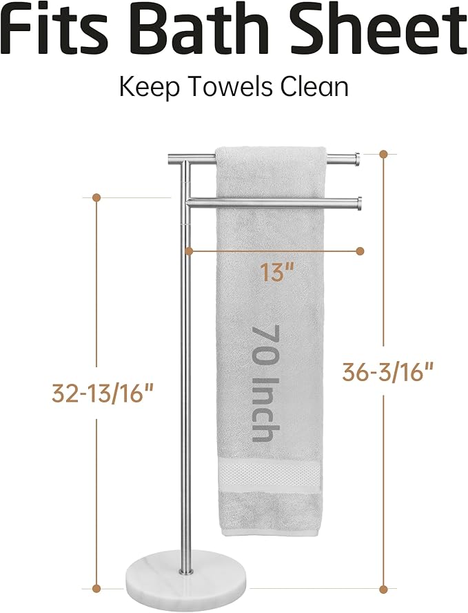 KES Standing Towel Racks for Bathroom Floor, Freestanding Swivel Standing 2 Arms Bath Towel Racks with Weighted Marble Base, SUS304 Stainless Steel Brushed Finish, BTH219S2-2