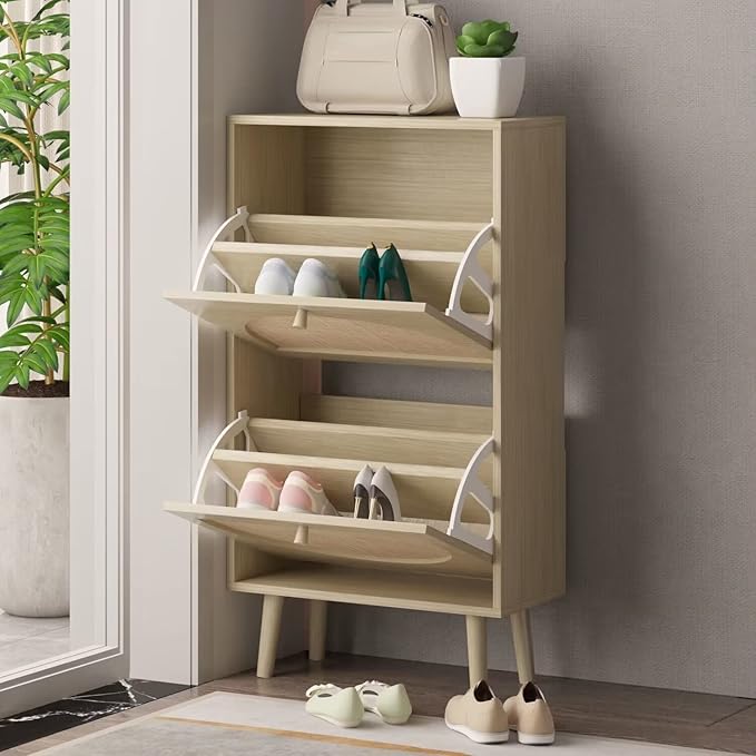 Karl Home Shoe Cabinet with 2 Flip Drawers, 2 Tier Freestanding Organizer, Rattan Storage Cupboard for Entryway, Hallway, Living Room, Natural-NeatNest