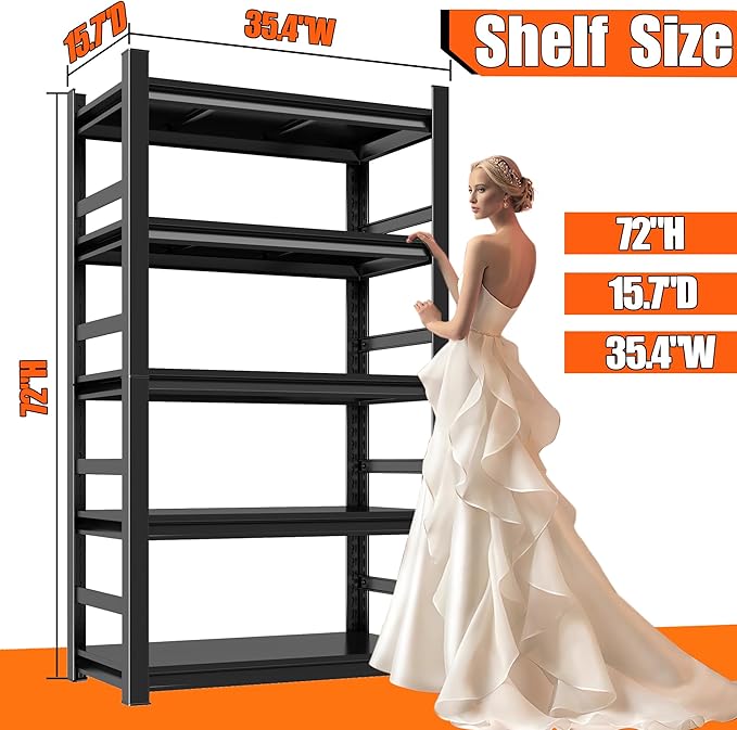 Book Shelf 5 Tier Metal Wide Bookshelves Tall Bookshelf Industrial Bookcase Adjustable Book Shelves For Bedroom/Living Room/Library,Book Shelf Organizer Black (With fence-72"H*15.8"D*35.4"W)-NeatNest