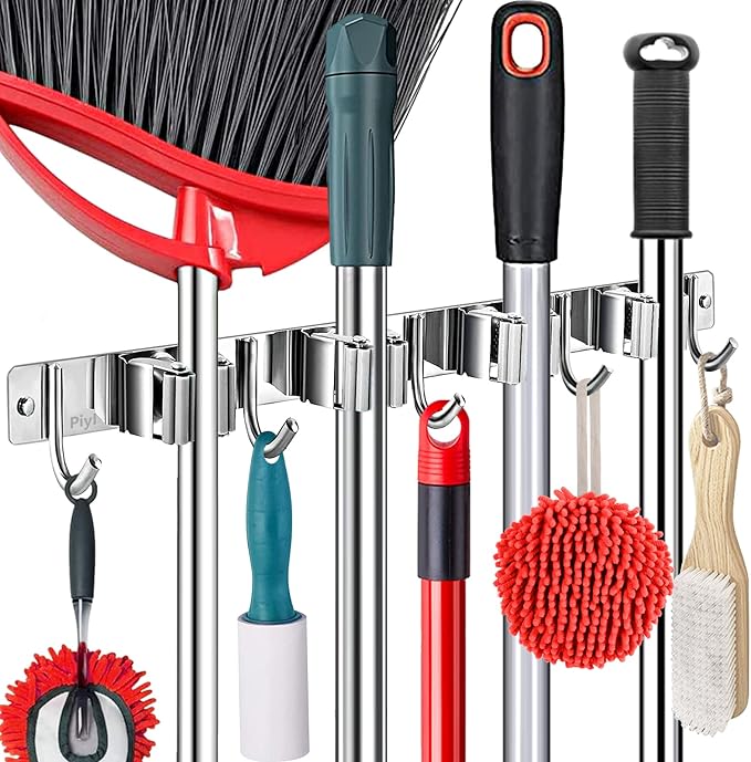 Piyl Broom Mop Holder Wall Mount Broom Hanger Wall Mounted Metal Organization Garage Storage Garden Kitchen Tool Organizer With 4 Racks and 5 Hooks (Silver, 1 Pack 4R5H)-NeatNest