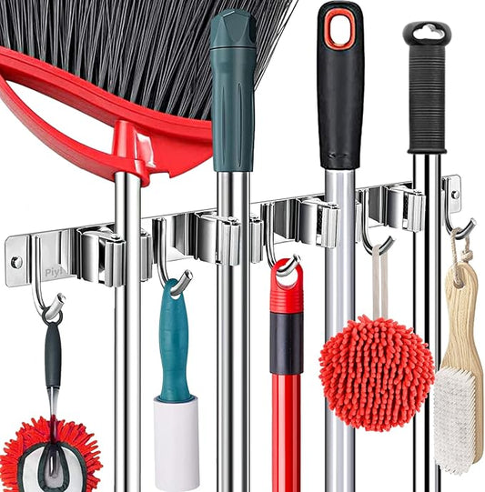 Piyl Broom Mop Holder Wall Mount Broom Hanger Wall Mounted Metal Organization Garage Storage Garden Kitchen Tool Organizer With 4 Racks and 5 Hooks (Silver, 1 Pack 4R5H)-NeatNest
