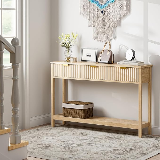 Console Table with Storage, Boho Entryway Table with 3 Fluted Drawers and Shelf, Sofa Table for Living Room, Entryway, Hallway, Natural-NeatNest