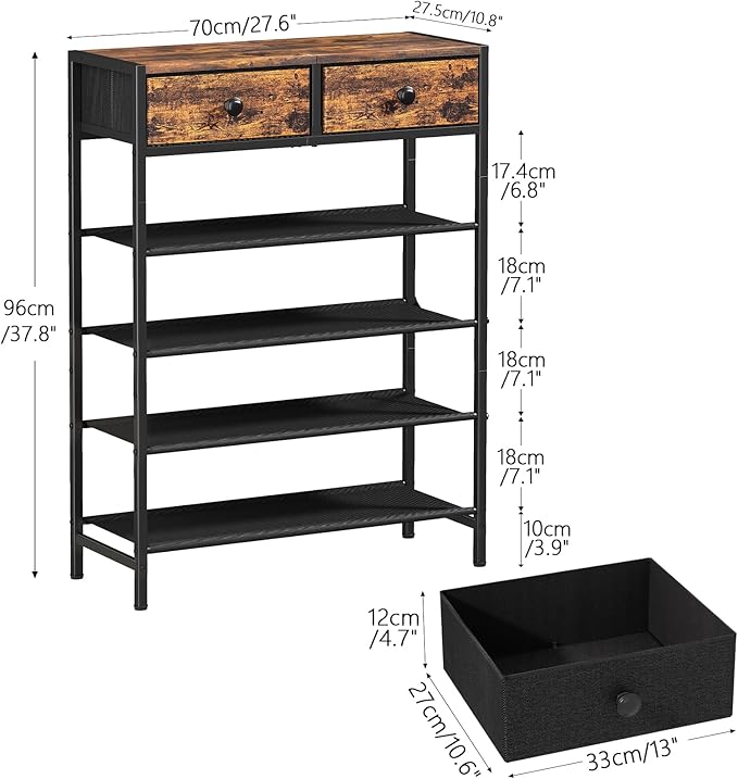 Shoe Rack, 5 Tier Shoe Organizer with 2 Drawers, Metal Shoe Storage for 16-20 Pairs of Shoes with Fabric Shelves and Wooden Top, Narrow Shoe Shelf for Closet Entryway Rustic Brown-NeatNest