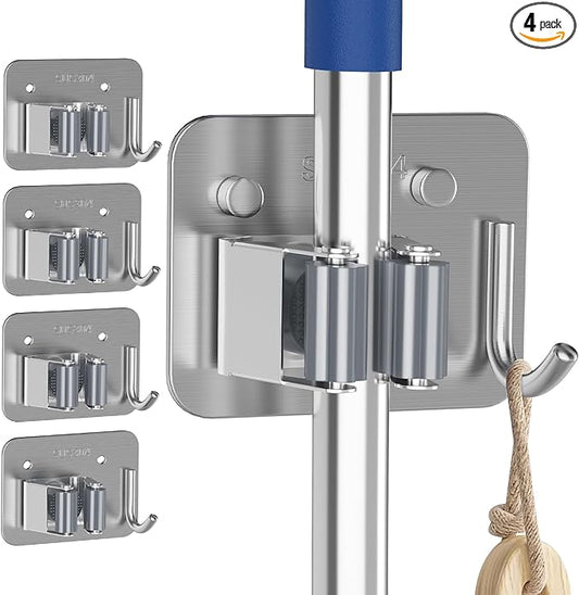 4 Pack Stainless Steel Mop and Broom Gripper with Hook, Screw Drilling or Self Adhesive Mop and Broom Holder Wall Mount, Storage Rack for Closet Laundry Garage Garden Tool Organizer, Silver-NeatNest