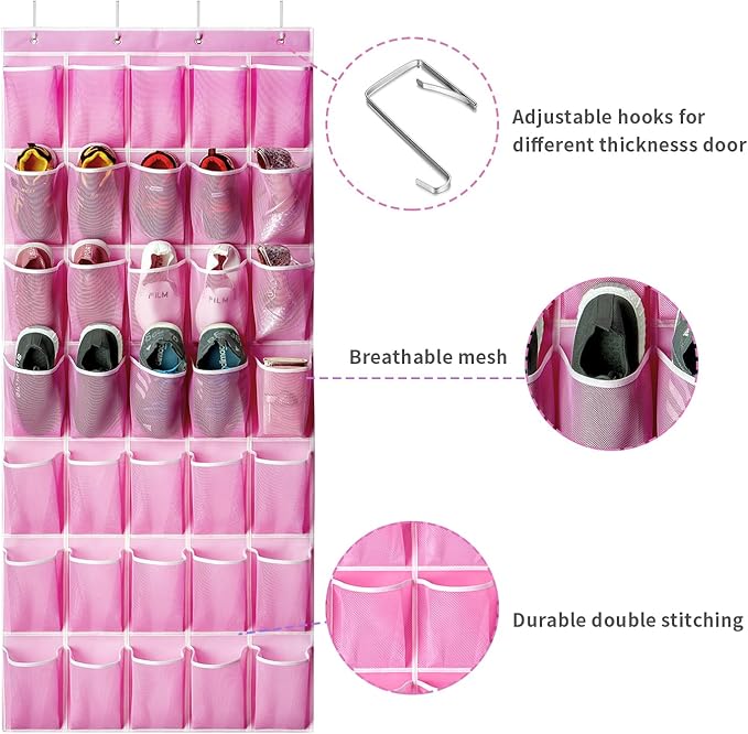 35 Pockets Over the Door Shoe Organizer, Hanging Shoe Organizer for Door with 35 Mesh Pockets Large Capacity Shoe Hanging Storage Bag with 4 Metal Hooks (Pink-1Pack)-NeatNest