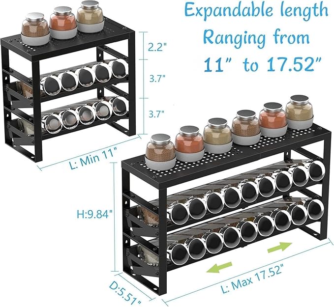 Expandable, Stackable, Adjustable Spice Rack kitchen Organizer,Metal Pantry Storage Shelves - Multi-Tier Shelf for Cabinet, Countertop, Pantries, Cupboard or Wall Mount,Black-NeatNest