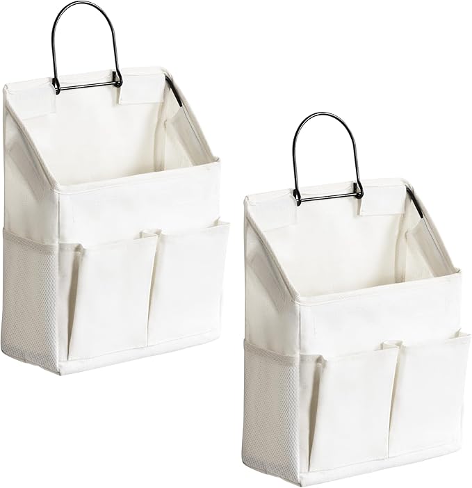 2pcs Wall Hanging Storage Bag, Small Door Closet Linen Fabric Pockets Organizer, Waterproof Multi Functional for Living Room Bedroom Bathroom Kitchen RV Camper with Hooks All White-NeatNest