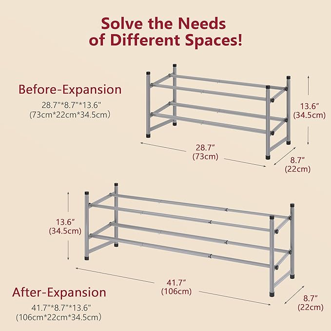 Tajsoon 2 Tier Expandable Shoe Rack for Closet, 28“-41“Adjustable & Stackable Shoe Shelf Storage, Metal Shoe Rack Organizer for Front Door Entrance, Closet, Garage, Entryway, Grey-NeatNest