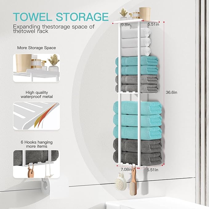 Towel Racks for Bathroom, 36.6 inch Metal Towel Storage, 8 Large Bath Towels Capacity, 3-Tier Towel Holder for Bathroom, with Shelf & 6 Hooks, Wall Mounted Towel Rack for Rolled Towels, White