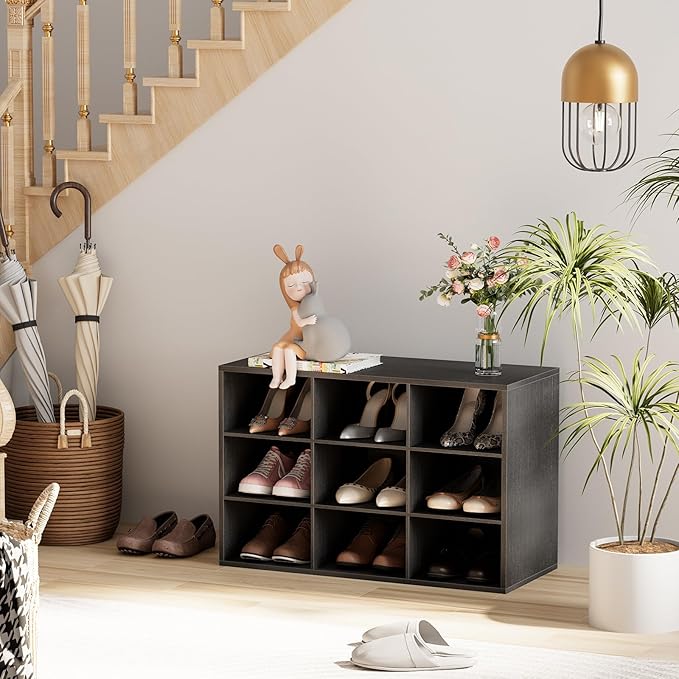 Garden 4 you Shoe Storage Bench, Cubby Shoe Rack with 9 Cubbies, 3-Tier Wood Shoe Rack Organizer, Shoe Organizer Cabinet for Entryway, Hallway, Closet and Garage, Black-NeatNest