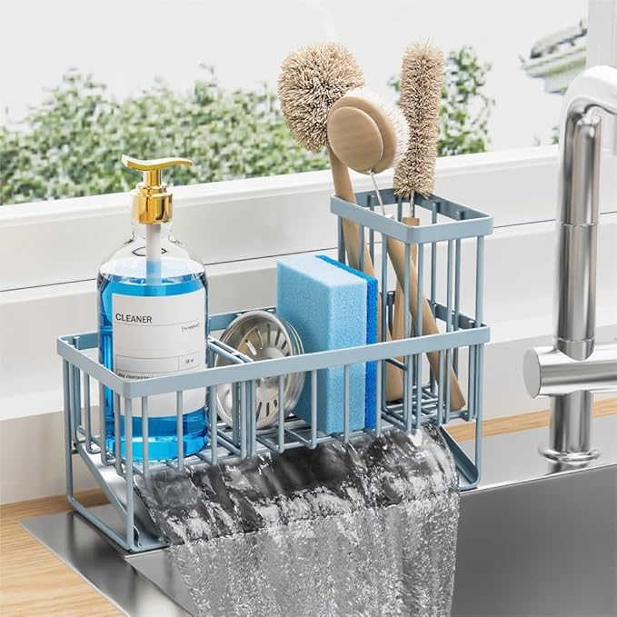 Cisily Sink Caddy Organzier with High Brush Holder, Sponge Holder for Sink, 304 Rustproof Stainless, Kitchen Countertop Soap Dispenser Organizer, Gray Blue Kitchen Decor and Accessories-NeatNest