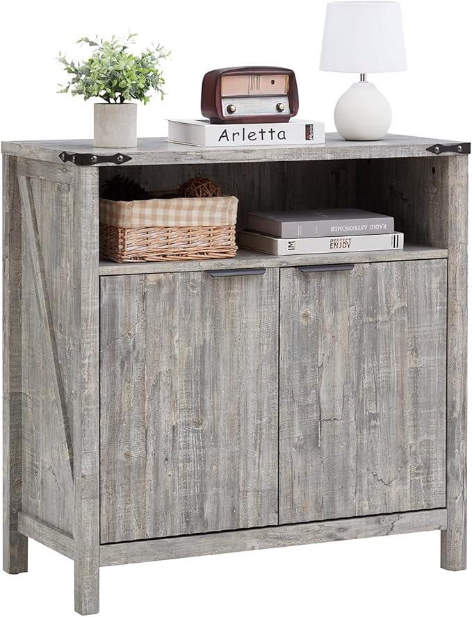 32 Inch Fluted Sideboard Buffet Cabinet with Storage, Modern Farmhouse Accent Credenza with Adjustable Shelves, Coffee Wine Bar Organizer for Kitchen, Entryway, Living Room (Grey)