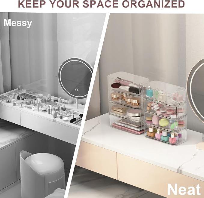 8-Pack Clear Stackable Storage Drawers with 16 Non-Slip Silicone Feet, Multi-Purpose Cosmetic & Home Organizers for Vanity, Office, Bathroom, Pantry, Easy-Pull Transparent Acrylic Storage Bins-NeatNest