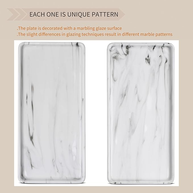 Gurygo 10" Bathroom Tray for Counter, Ceramic Vanity Trays for Bathroom, Small Rectangle Ceramic Trays, Kitchen Soap Ceramic Tray for Kitchen Counter, (Marble White, Set/1)-NeatNest