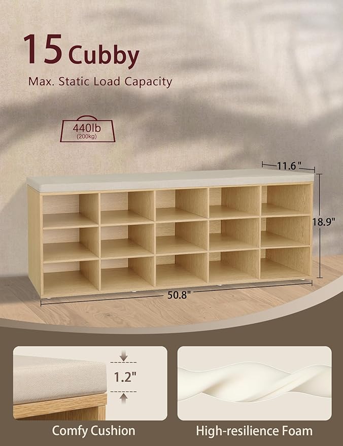 DINZI LVJ Shoe Storage Bench with Cushion, 15-Cubby Shoe Rack, Adjustable Shelves, Long Shoe Organizer Bench for Entryway, Mudroom, Hallway, Living Room, Bedroom and Garage, Natural-NeatNest