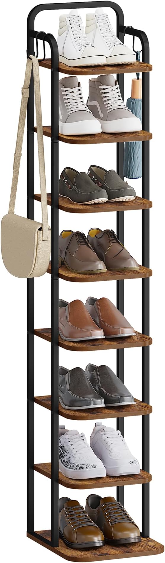 8 Tiers Vertical Shoe Rack, Narrow Shoe Tower, Tall Shoes Shelf with 2 Hooks, Adjustable Shelves, Corner Shoes Shelves for Small Spaces, Entryway, Living Room, Rustic Brown SR04301B-NeatNest