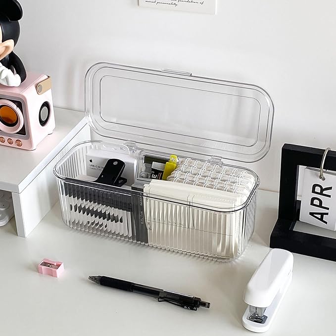 2 Pack Plastic Pencil Case with Lid, Clear Office Supplies Storage Container for Desk Drawer, Marker Pen, Crayons, School Stationery, Art and Crafts Organizer