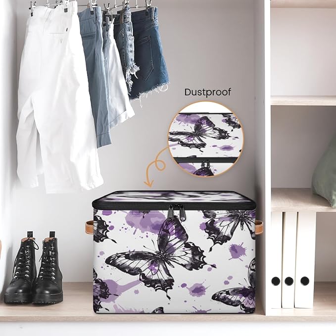 Butterfly Storage Bins with Zipper Lid, Watercolor Butterfly Lidded Storage Baskets Boxes Foldable Organizer with Leather Handles for Clothes Closet Shelf Toys-NeatNest